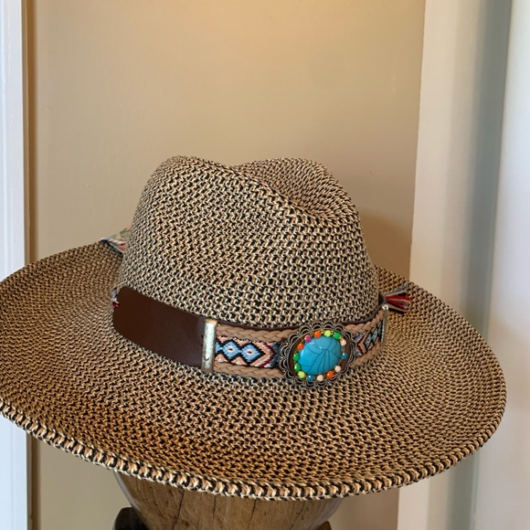NWT COOL FASHION Brand Brown and tan adjustable hat w turquoise multi stone band - Picture 3 of 11